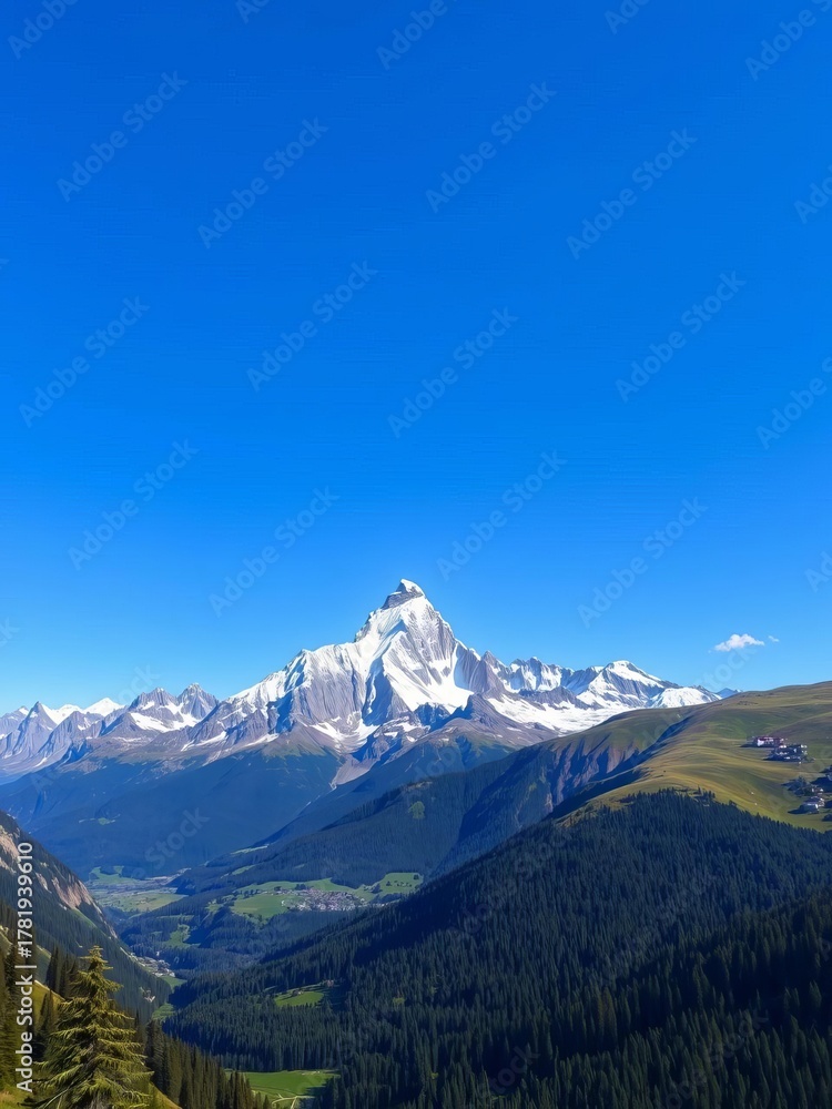 Fototapeta premium Majestic snow-capped peaks pierce a clear blue sky, a verdant valley below, serene nature, tranquil, sky