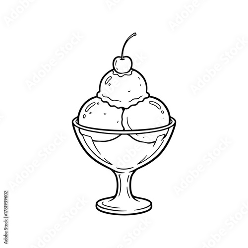 Delicious ice cream sundae sketch with cherry on top, perfect for dessert menus, summer promotions, and food blog illustrations, hand drawn, vector feel