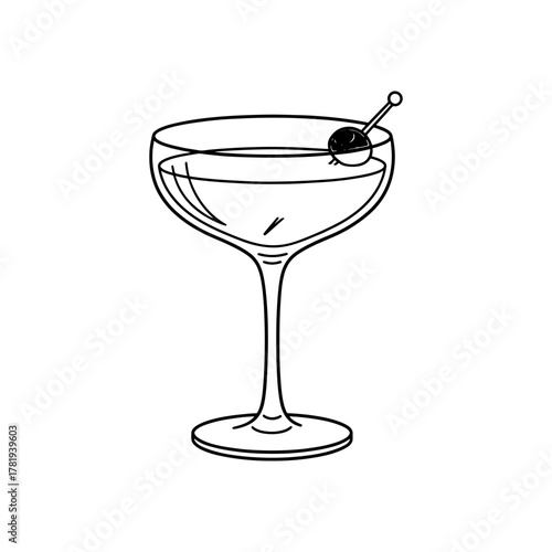 Elegant coupe glass with a cherry garnish, perfect for cocktail recipes, bar menus, and upscale event promotions. Classic drink illustration style