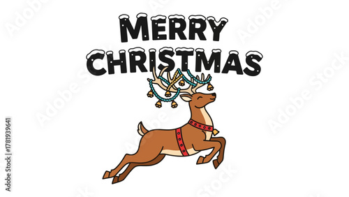 Merry Christmas Wishes with Reindeer: Festive greeting card, the image features MERRY CHRISTMAS and a delightful illustration of a reindeer adorned with ornaments