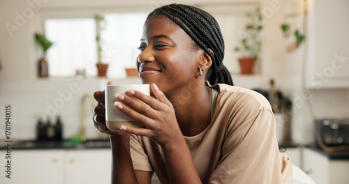 Fotografía Coffee, happy and black woman in home on morning on weekend for relax, calm or peace in kitchen