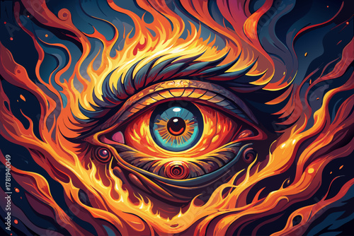 Fiery human eye surrounded by burning flames, digital artwork concept with glowing light effects, surreal fantasy illustration, emotional visual design, and creative composition of abstract fire art.