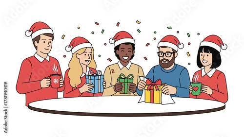 Holiday Gifting: A group of friends sharing presents, exchanging festive gifts, and relishing the joy of the holiday season, surrounded by playful confetti