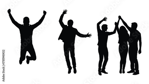 Silhouettes of joyful and celebrating people isolated on white background, Vector