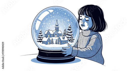 Dreaming of Winter: A child gazes at a snow globe, a small town blanketed in snow inside. The image evokes a sense of nostalgia, innocence, and wonder. 
