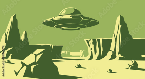 Retro science fiction vector illustration of a UFO flying saucer hovering over a desolate alien planet landscape with rocky formations