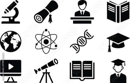 Education and Science Icon Set – Vector Symbols of Academic Achievement, Online Learning, and STEM Exploration