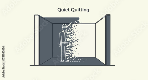 Conceptual vector illustration of an office employee slowly dissolving into particles, a metaphor for job disengagement and burnout