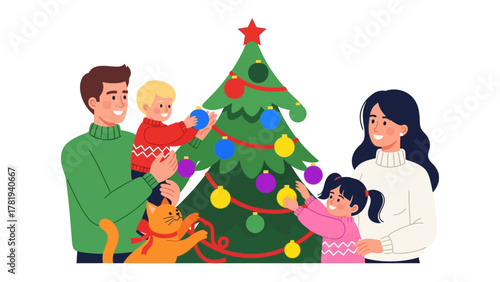 Joyful Family Christmas: A close-knit family, filled with warmth and holiday spirit, gathers around their Christmas tree, decorating it with ornaments and creating cherished memories together.