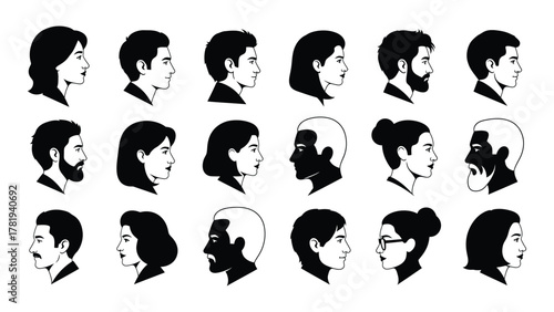 Diverse profile silhouettes isolated on white background, Vector