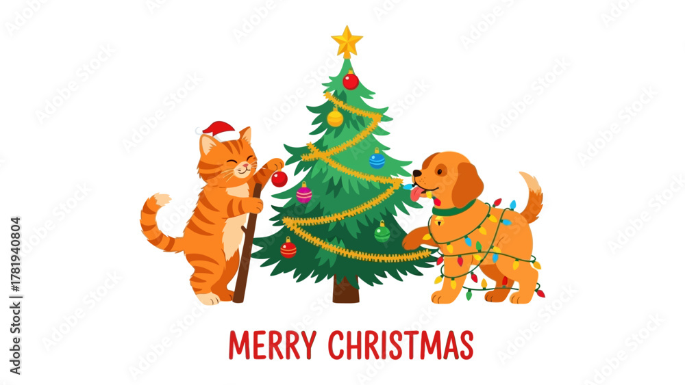 Fototapeta premium Festive Friends: A charming illustration depicts a cat and a dog adorning a Christmas tree, radiating the warmth and joy of the holiday season.