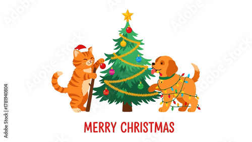 Festive Friends: A charming illustration depicts a cat and a dog adorning a Christmas tree, radiating the warmth and joy of the holiday season.