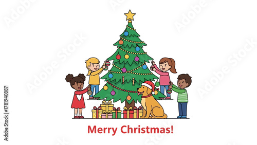 Merry Christmas with a Festive Decor: Children decorate a christmas tree, embodying the warmth, joy, and togetherness of Christmas season, along with a dog wearing a christmas hat.