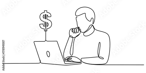 Continuous line art of person at laptop with dollar sign, symbolizing online earnings, digital finance, remote work, and financial growth concept.