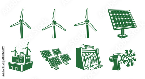 A comprehensive collection of vector icons showcasing diverse renewable energy sources and sustainable power generation technologies for an eco-friendly future