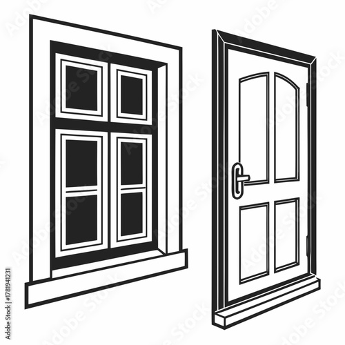Black and white illustration of a paneled door and a multi pane window