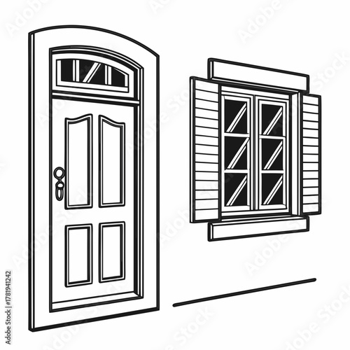 Architectural drawing of a front door and window with shutters