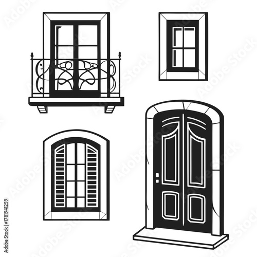Collection of architectural elements including doors and windows with decorative details