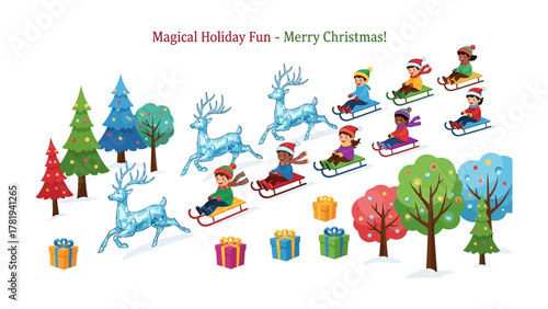 Magical Christmas: A charming festive scene featuring whimsical illustrations of children sledding, reindeer, trees, and gift boxes, evoking the magic of the holiday season.