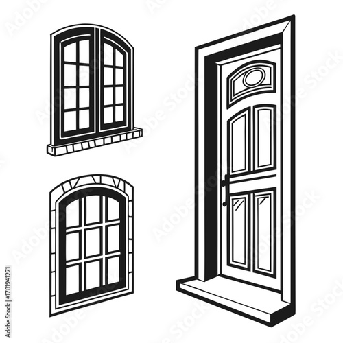 Architectural elements black and white illustration of door and windows