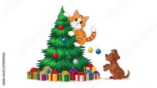 Festive Friends: A charming illustration depicts a playful scene of a cat and a dog adorning a vibrant Christmas tree, surrounded by colorful gifts, bringing a sense of warmth and festive joy.
