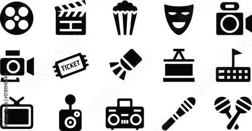 Set of cinema and entertainment icons in black silhouette style