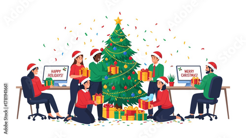 Workplace Cheer: Colleagues exchange gifts around a Christmas tree, creating a joyful atmosphere. Capturing the spirit of unity and goodwill in the workplace.