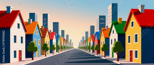 Colorful houses line the street in a vibrant urban neighborhood