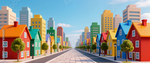 Colorful neighborhood with cheerful houses and bright skyline