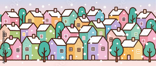 Colorful houses blanketed in gentle snow during winter