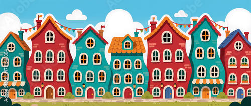 Charming colorful houses lined up under a bright blue sky