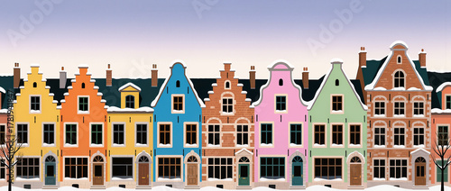 Charming colorful houses lined along a snowy street at twilight