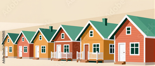 Colorful houses line up under a bright sky in a cheerful neighborhood