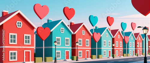 Vibrant houses with heart-shaped trees in a colorful scene