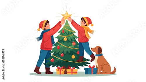 Christmas tree decorating: Two children put a star on a Christmas tree. Capturing the joy and togetherness of the Christmas season.