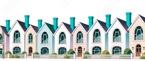 Colorful row of charming houses with green chimneys in a sunny setting
