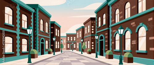 Charming urban street with colorful buildings and warm lights