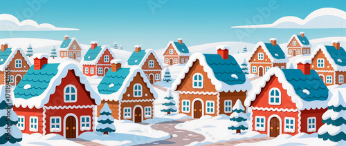 Colorful winter village with snowy rooftops under a blue sky