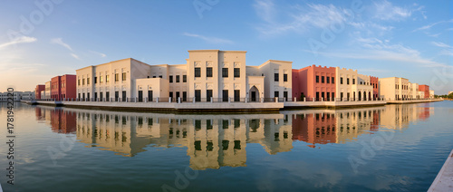 Beautiful waterfront buildings reflecting in calm waters at sunset