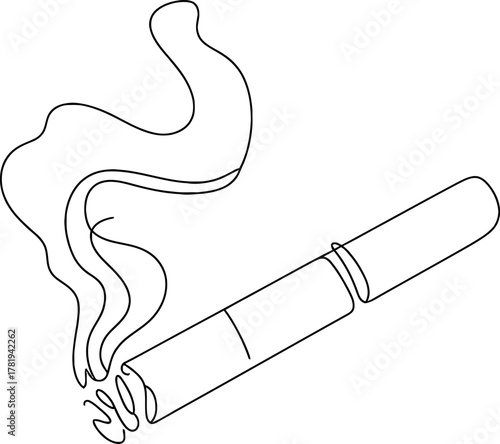 Line art drawing of a lit cigarette with smoke rising, representing smoking, addiction, health risks, and a clear warning symbol for tobacco use.