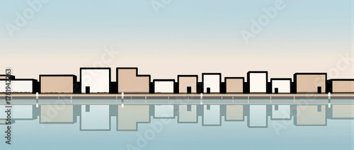 Modern skyline reflected in tranquil water at dusk