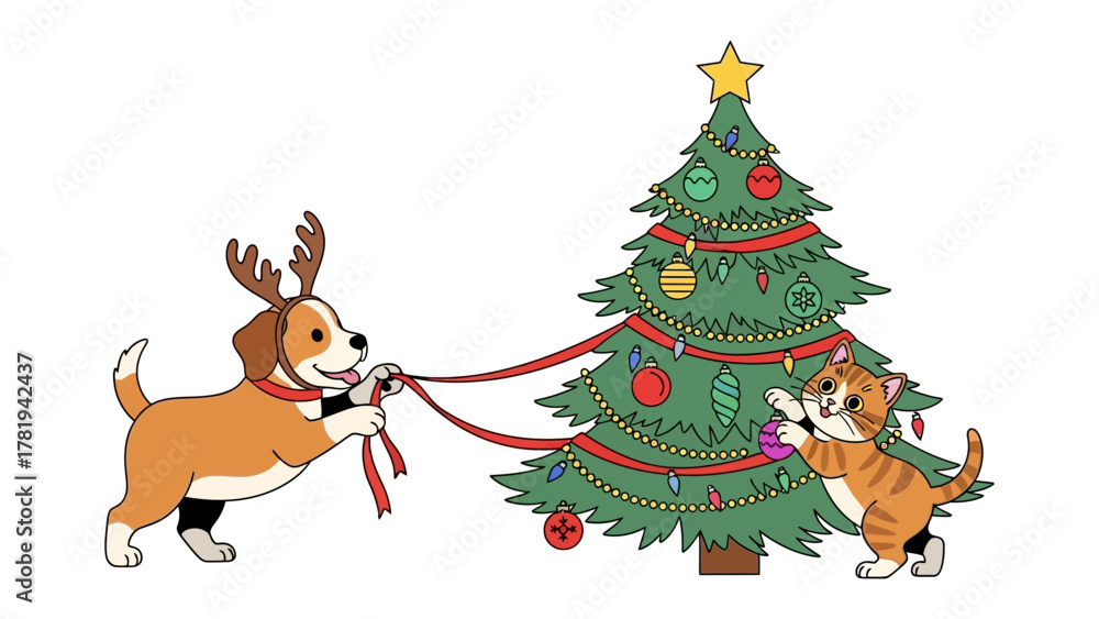 Fototapeta premium Festive Friends Adorning the Season: A playful dog and a curious cat collaborate to decorate a Christmas tree, filled with festive cheer and merriment for the holidays. 