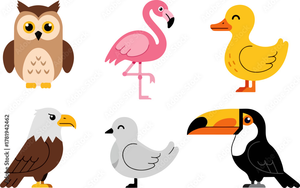 Obraz premium Cute cartoon animal set featuring a diverse collection of bird heads, including an owl, flamingo, duck, eagle, dove, and toucan, perfect for educational or decorative purposes