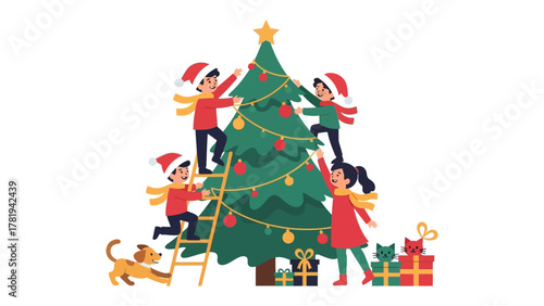 Holiday Cheer: A group of children, wearing Santa hats and scarves, eagerly decorate a lush green Christmas tree, surrounded by wrapped gifts. It's a scene of festive joy and togetherness.