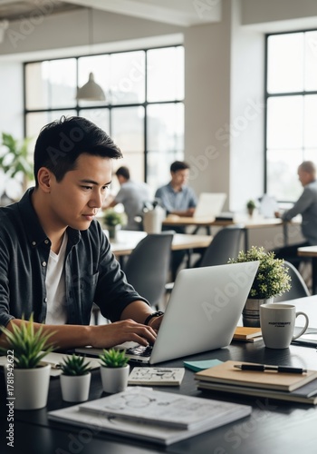 Focused young man typing on laptop in modern office workspace with greenery and colleagues