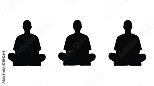 Three meditating silhouettes isolated on white background, Vector