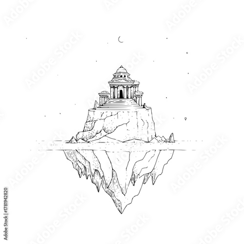 Illustration of a temple on a rock formation mirrored in water under a crescent moon in black and white