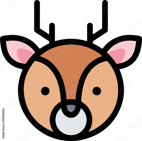 A charming cartoon animal head illustration, showcasing a cute deer with prominent antlers, perfect for nature or wildlife-themed designs