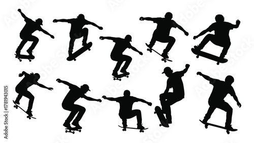 Skateboarders silhouettes collection isolated on white background, Vector