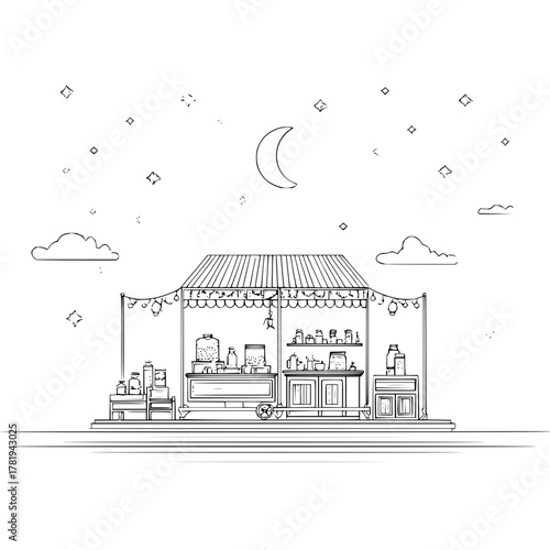 Illustration of a night market stall with jars and containers under a crescent moon and stars filled sky